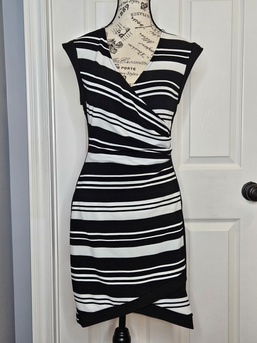 NWOT Eclipse Black White Striped Faux Wrap Mini Dress Asymmetrical Size M